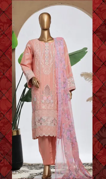 Pakistani Original Bin Saeed Luxury Plain Cotton Stitched 3 Pcs _ Peachy Pink 